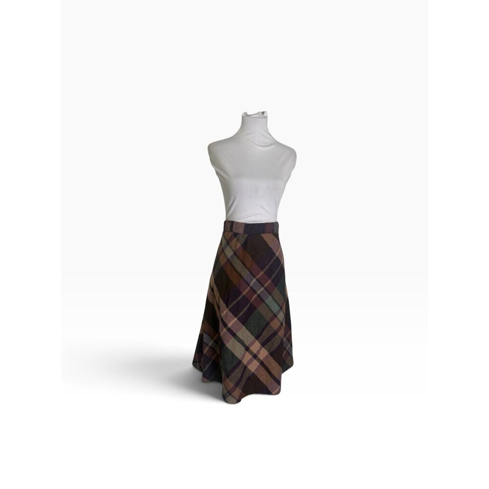 Vintage 70s Wool Plaid Midi Skirt XL Dark Academia A-Line Brown - Picture 2 of 6